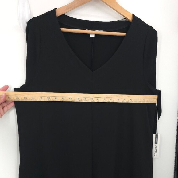 Chicos Travelers Midi V-Neck Black Dress Stretchy Flowy Flowy A-Line Pockets - Picture 11 of 16